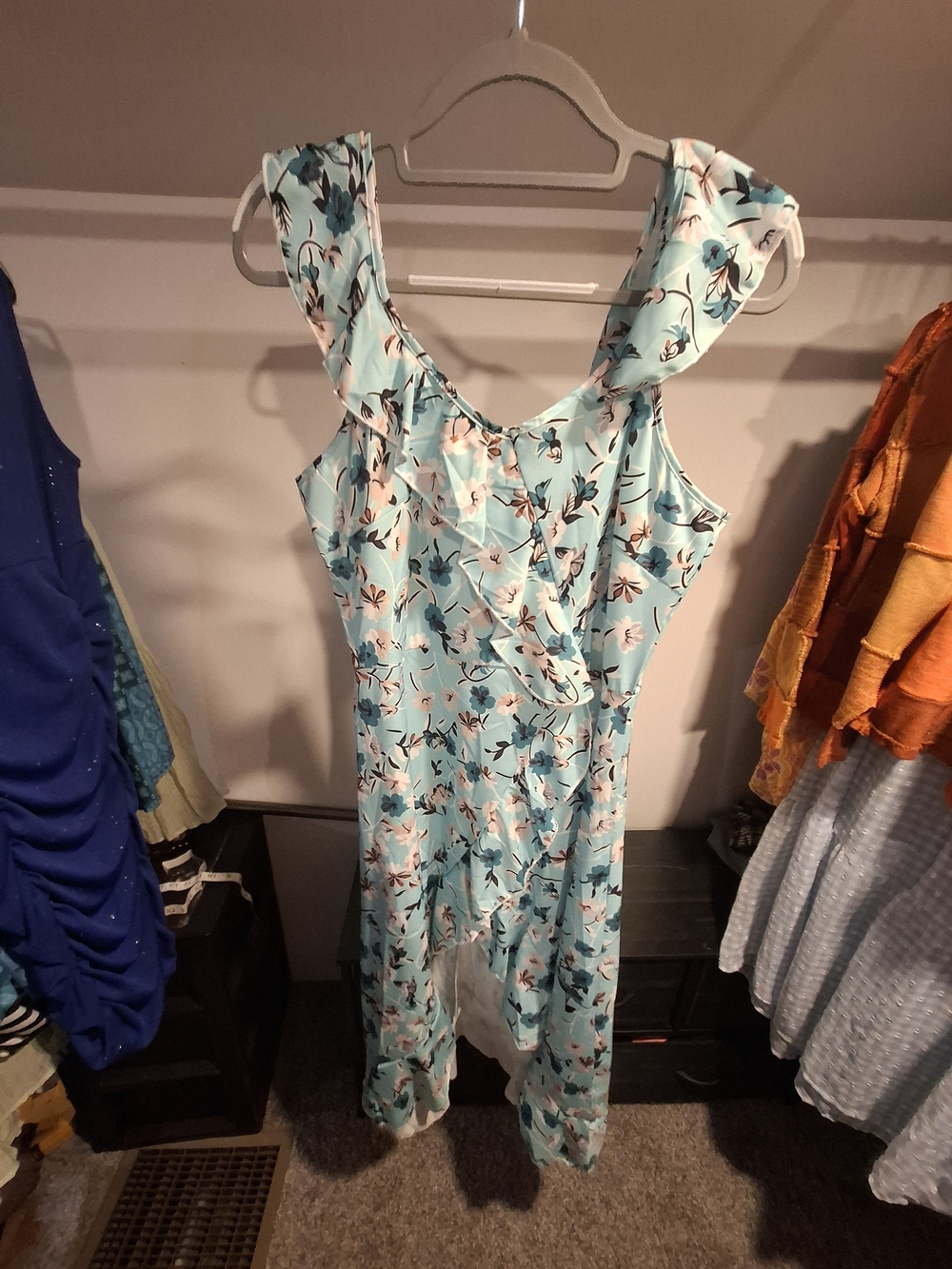 Light Blue Floral Ruffle Midi Dress NWOT